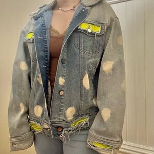 Stylish Distressed Denim Jacket with Neon Accents